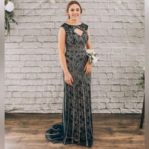 Lace gown with nude lining and rhinestone beading- Dave and Johnny size 6